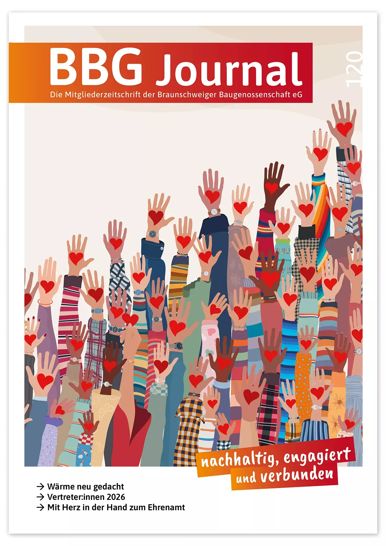 Illustration verschiedener erhobener Hände, auf deren Handflächen jeweils rote Herzen zu sehen sind; deutscher Text für eine Ausgabe der Zeitschrift „BBG“, die sich für Nachhaltigkeit und Gesellschaft einsetzt.