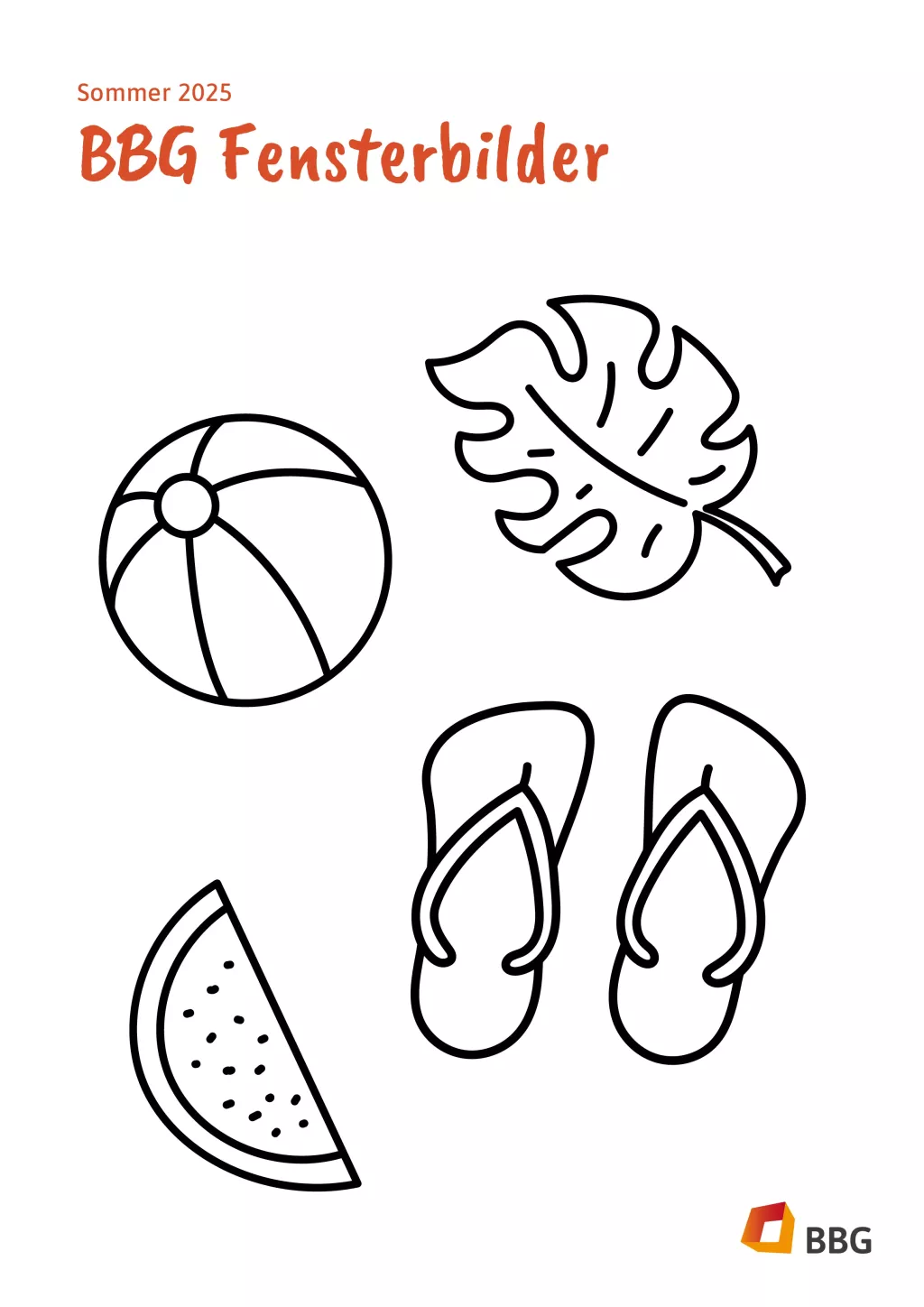 Strichzeichnungen eines Strandballs, eines Blattes, eines Pantoffels und einer Wassermelonenscheibe, darüber der Text BBG Fensterbilder.