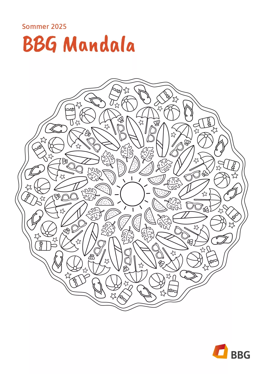 Schwarz-weißes Mandala mit sommerlichen Motiven wie Sonnenbrillen, Surfbrettern, Sandalen und Blättern; darüber der Text BBG Mandala.