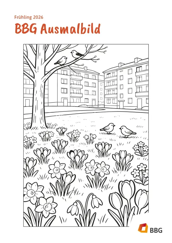 Frühlingsszene Malvorlage mit Blumen, Vögeln, Baum und Wohnhäusern im Hintergrund.