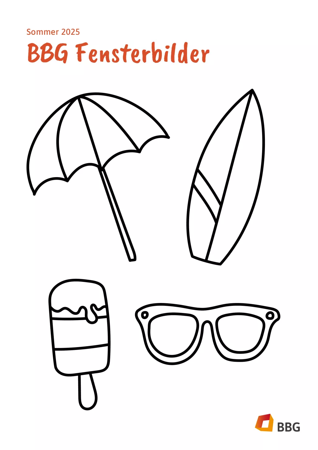 Schwarz-weiße Zeichnungen eines Sonnenschirms, eines Surfbretts, eines Eises und einer Sonnenbrille mit dem Text BBG Fensterbilder Sommer 2025.