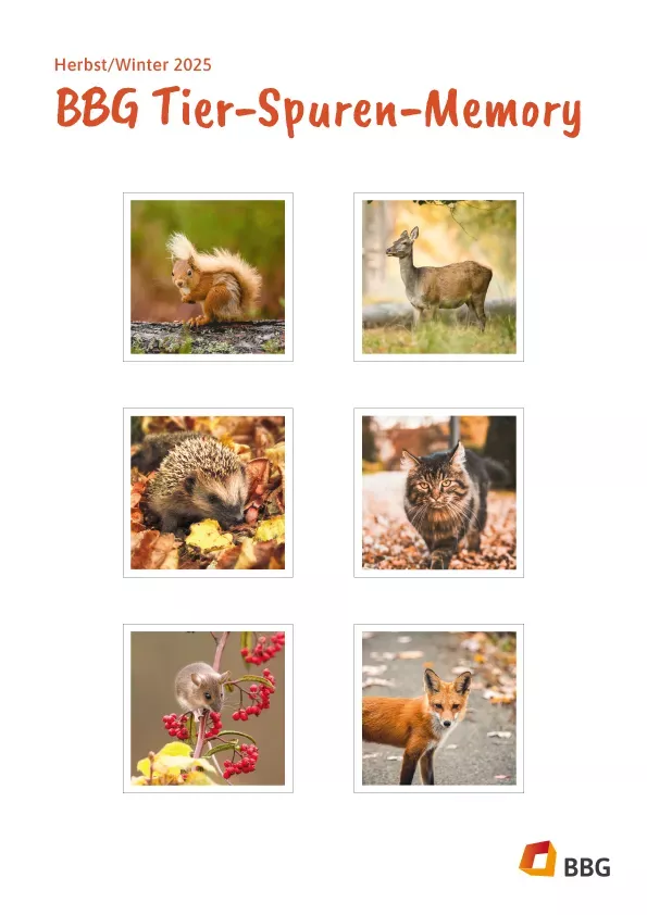 Poster mit sechs Tiermotiven: Eichhörnchen, Reh, Igel, Katze, Vogel und Fuchs, mit dem Titel BBG Tier-Spuren-Memory für Herbst/Winter 2025.