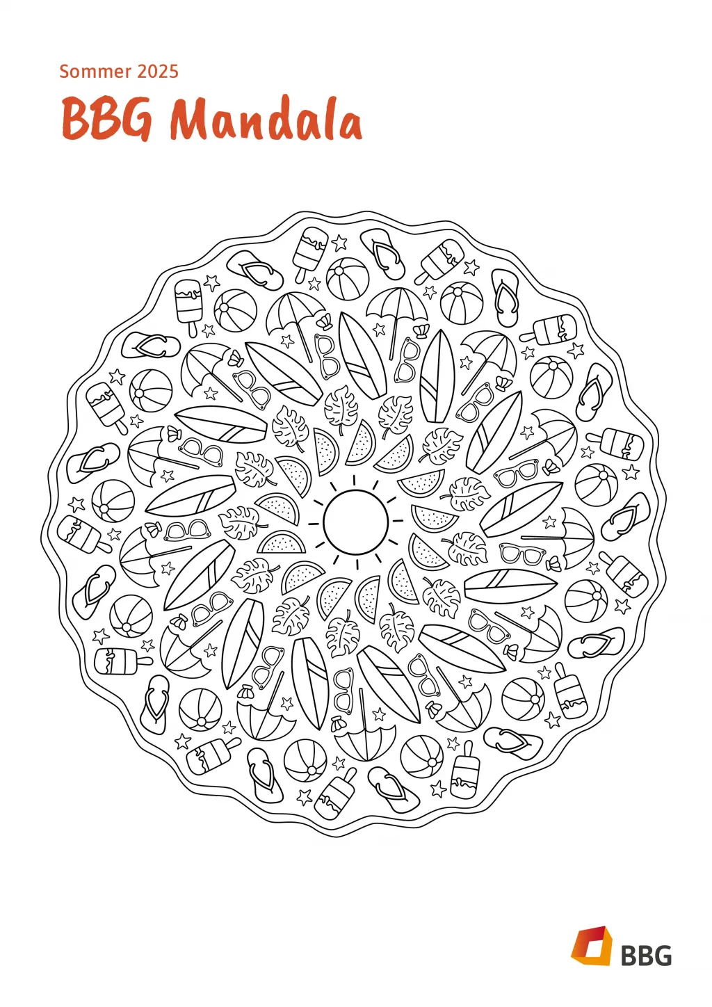Schwarz-weißes Mandala mit sommerlichen Motiven wie Sonnenbrillen, Surfbrettern, Sandalen und Blättern; darüber der Text BBG Mandala.