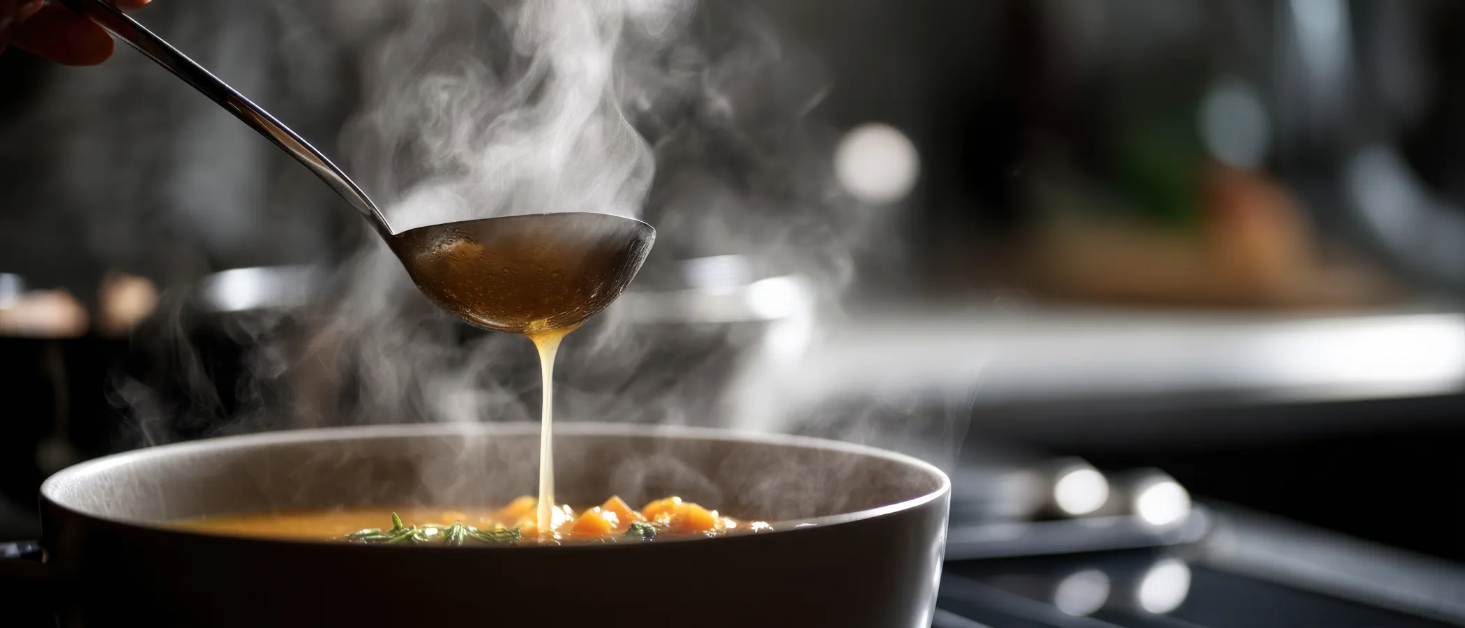 Eine Schöpfkelle gießt heiße, dampfende Suppe in eine Schüssel mit sichtbarem Gemüse, in einer warm beleuchteten Küche.