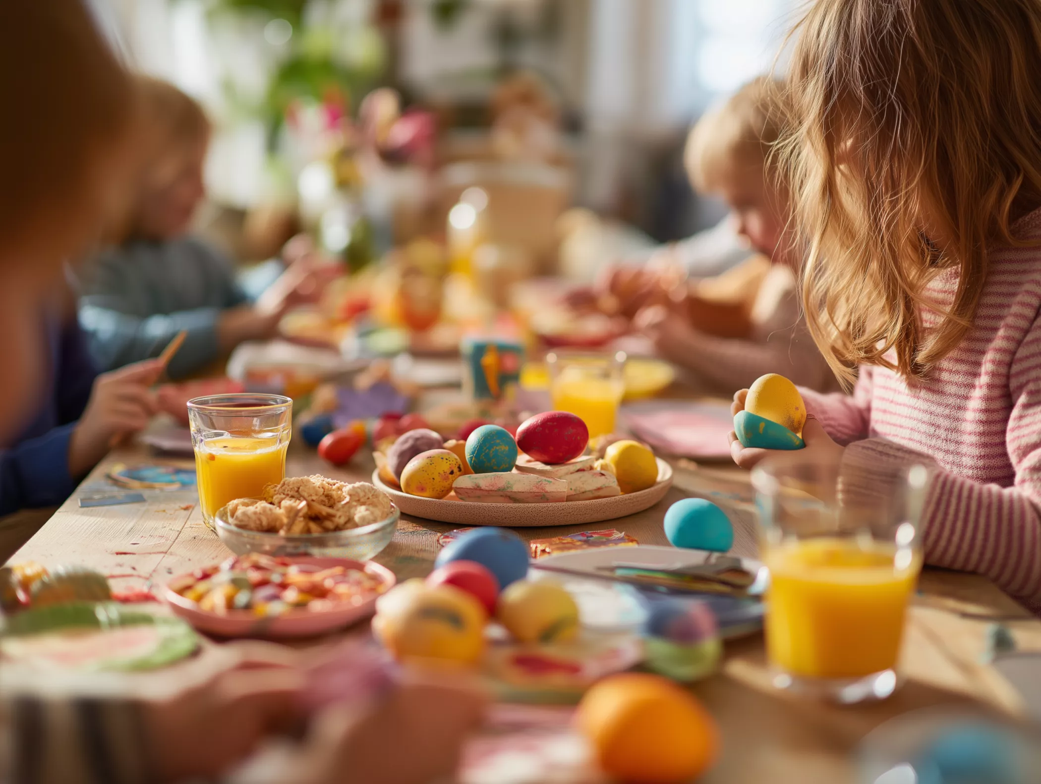 Kinder bemalen Ostereier an einem mit bunten Eiern, Saft und Snacks dekorierten Tisch in einem hellen und freundlichen Raum.