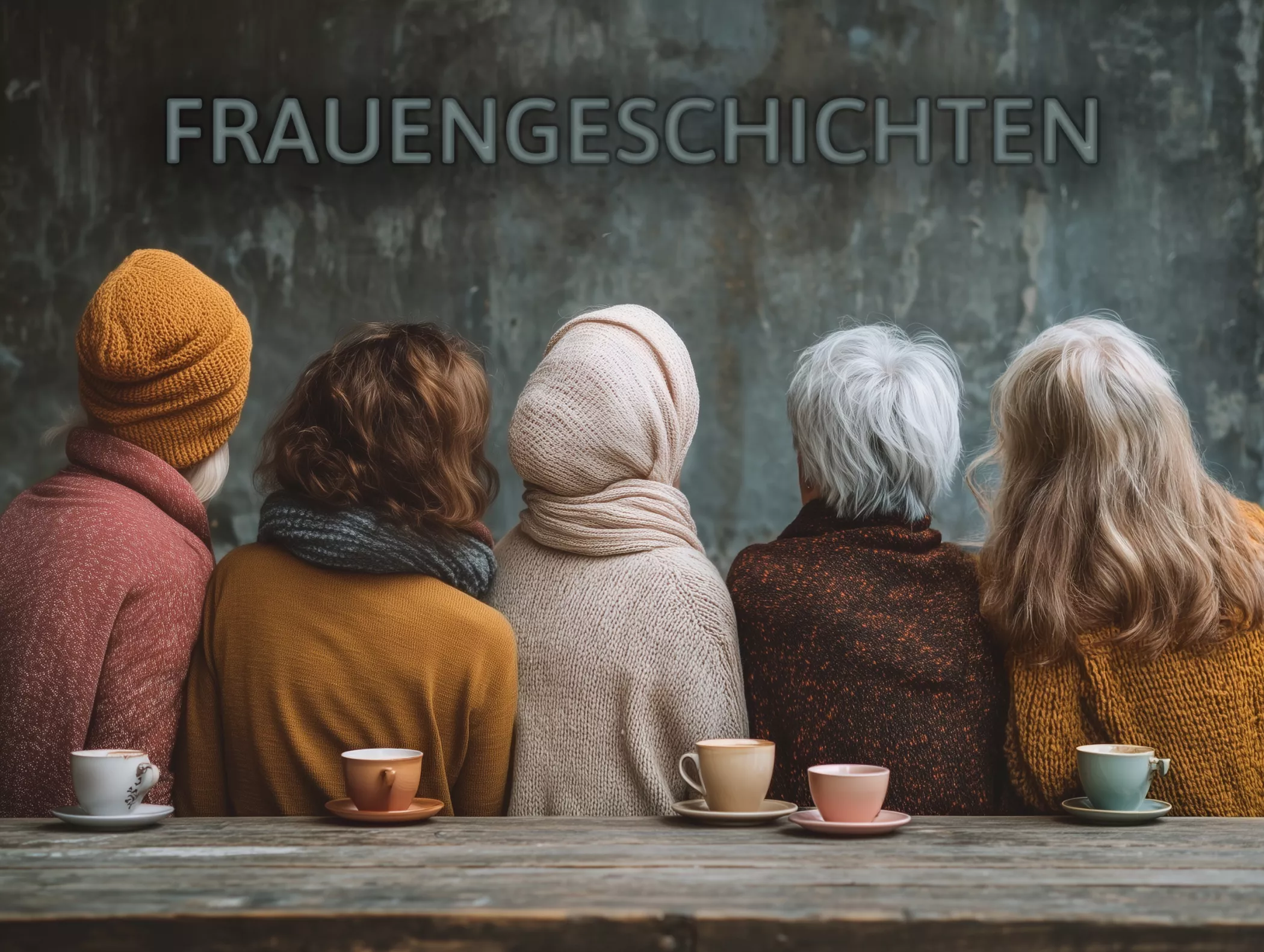 Fünf Frauen sitzen zusammen, mit dem Rücken zur Kamera, vor einer Wand mit der Aufschrift FRAUENGESCHICHICHTEN, auf dem Tisch stehen Tassen.