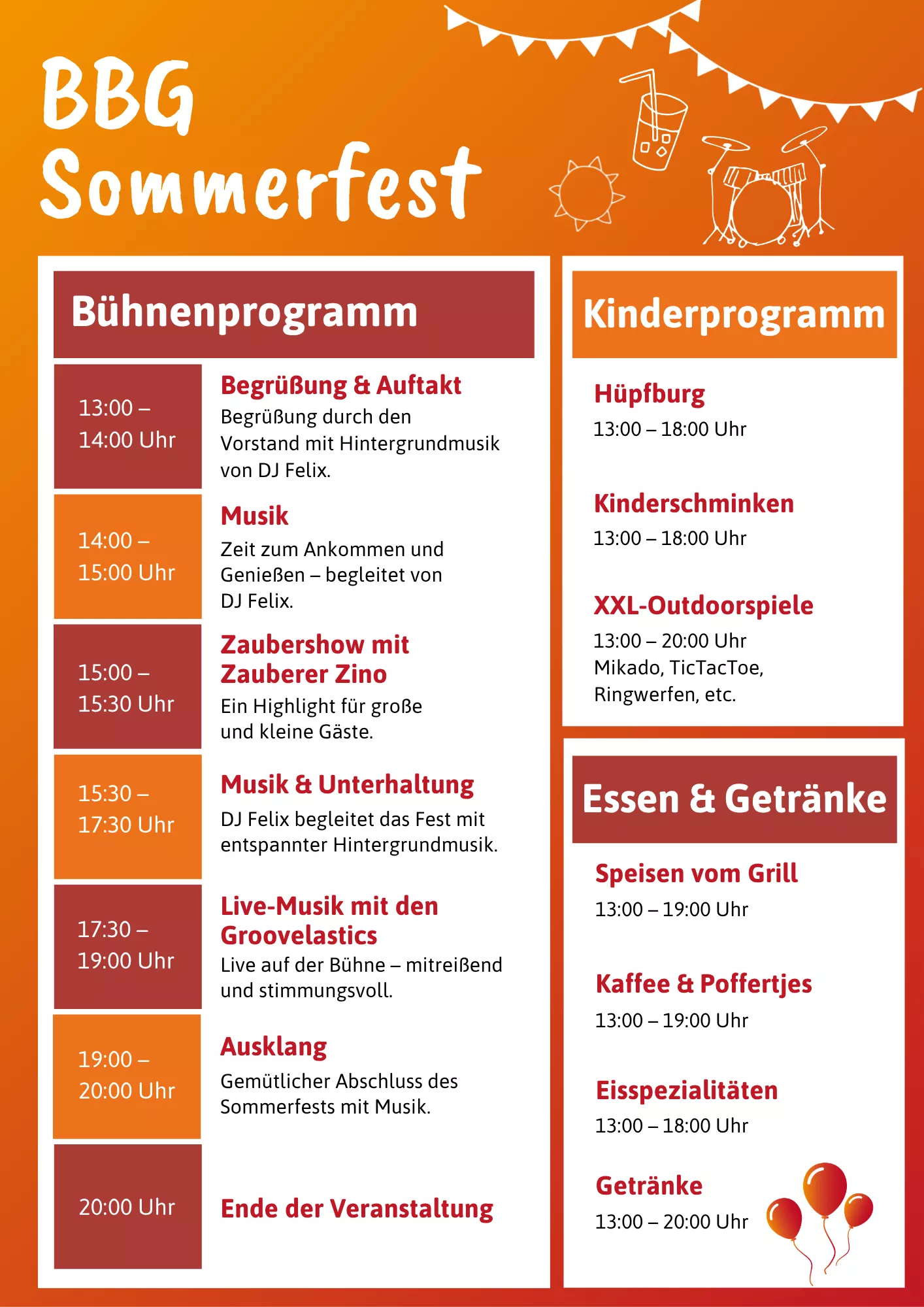 Ein farbenfroher Flyer zum Sommerfestprogramm mit den Spielplänen für Theateraufführungen, Kinderaktivitäten und gastronomische Angebote, verziert mit Luftballons und bunten Fahnen.