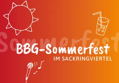 Hintergrund mit einem Farbverlauf von Orange nach Rot, darauf Abbildungen einer Sonne, eines Getränks und eines Mikrofons. Text: BBG-Sommerfest im Sackringviertel.