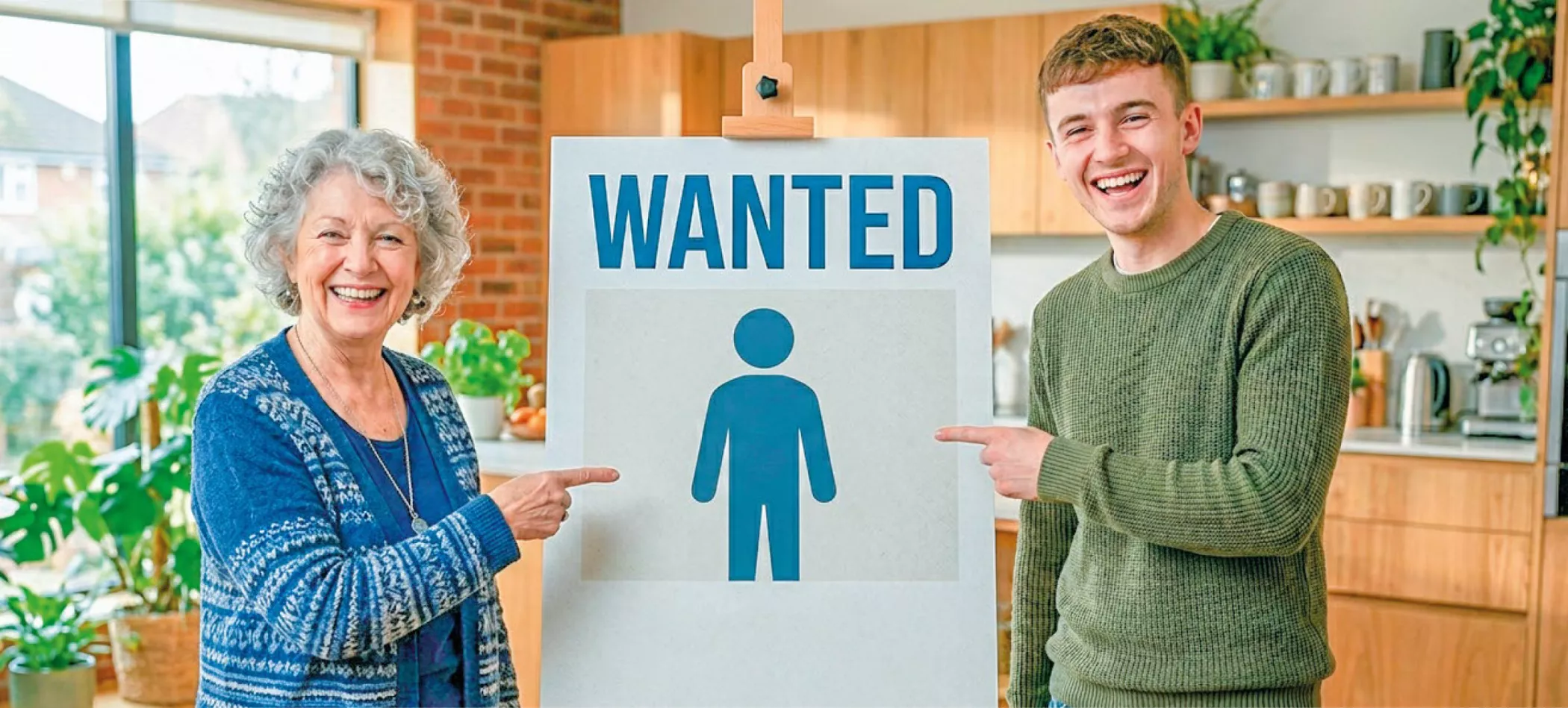 Eine lächelnde ältere Frau und ein junger Mann zeigen auf ein Schild mit der Aufschrift „Gesucht“, auf dem eine einfache Zeichnung zu sehen ist – in einer hellen, modernen Küche.