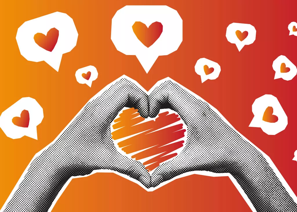 Zwei Hände bilden eine Herzform mit einem gekritzelten Herz im Inneren, umgeben von herzförmigen Sprechblasen auf einem orangefarbenen Hintergrund.