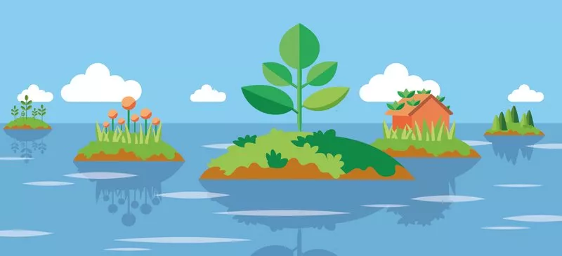 Illustration of small floating islands with plants, flowers, a house and trees on a calm blue lake under a sunny sky with clouds.