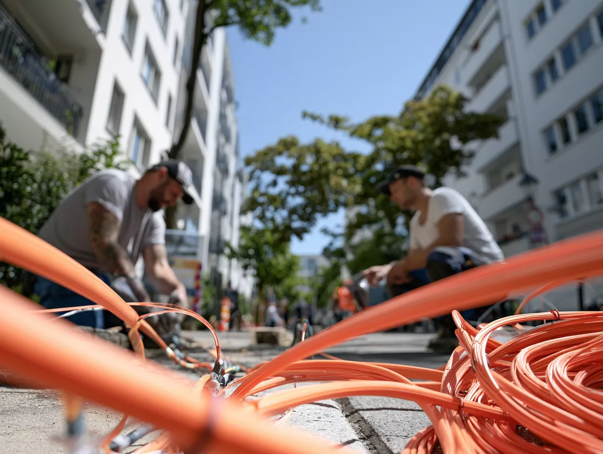 Zwei Arbeiter verlegen orangefarbene Glasfaserkabel in einer sonnigen Straße, die von weißen Gebäuden und grünen Bäumen gesäumt ist.