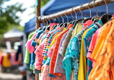 Auf einem Markt unter freiem Himmel hängen bunte Kleidungsstücke auf einem Gestell, im Hintergrund sind Zelte und Grünpflanzen zu sehen.