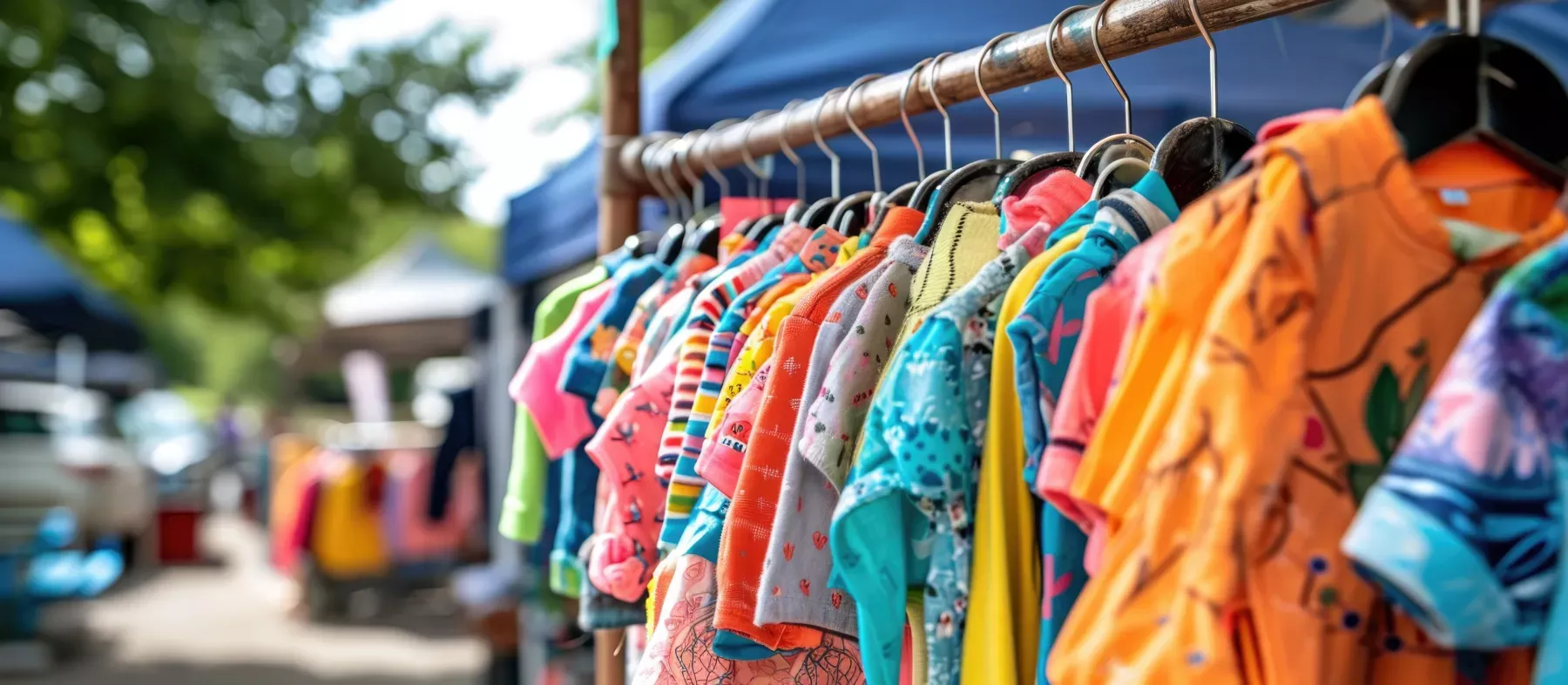 Auf einem Markt unter freiem Himmel hängen bunte Kleidungsstücke auf einem Gestell, im Hintergrund sind Zelte und Grünpflanzen zu sehen.