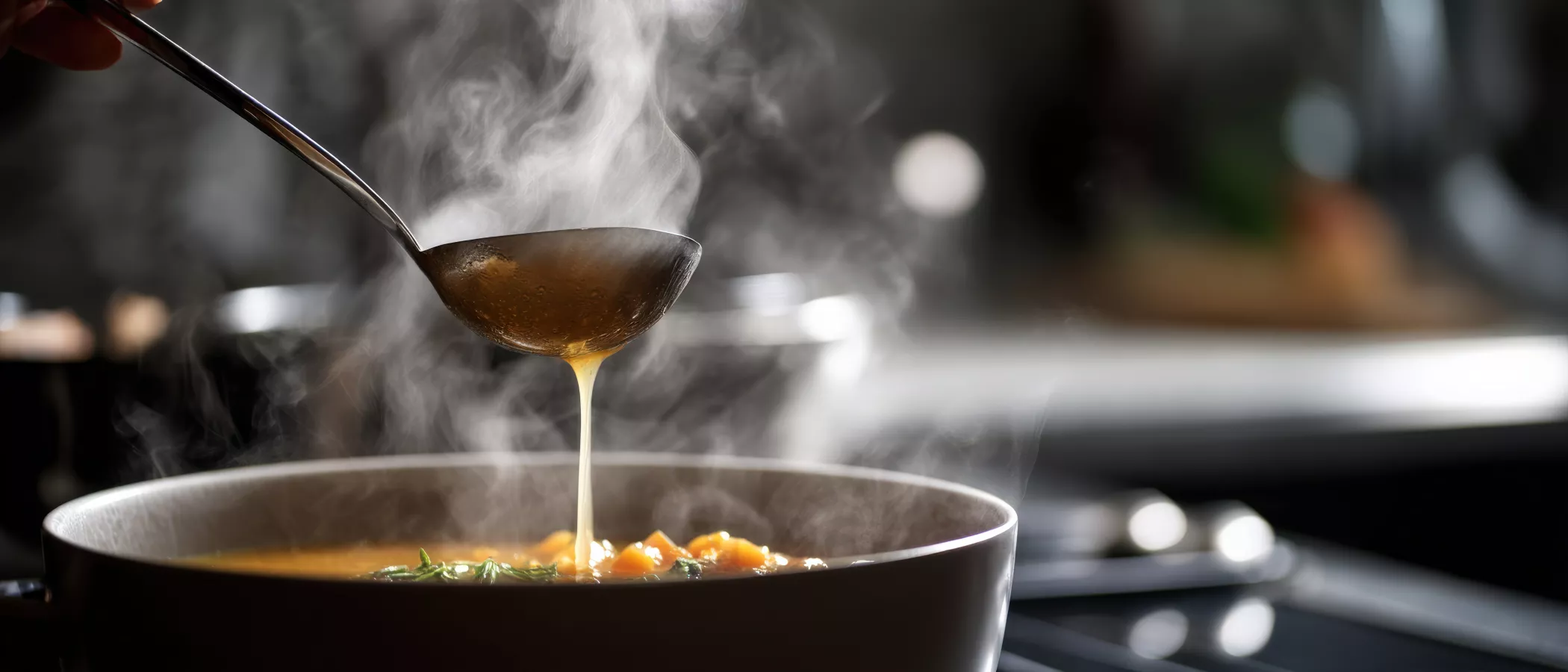 Eine Dampfkelle gießt heiße Suppe mit Gemüse und Kräutern in eine Schüssel auf dem Küchentisch.