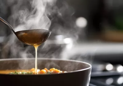 Eine Dampfkelle gießt heiße Suppe mit Gemüse und Kräutern in eine Schüssel auf dem Küchentisch.