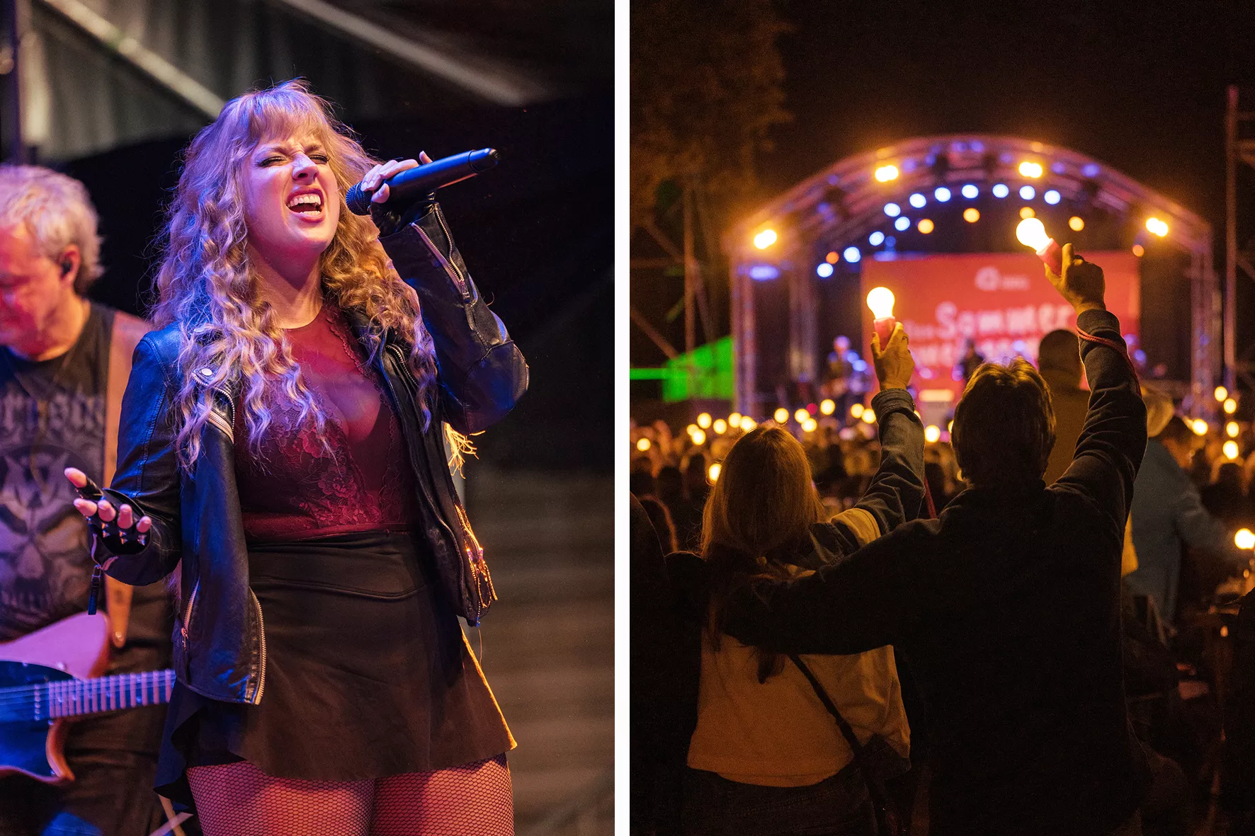 Eine Sängerin singt begeistert auf der Bühne, und ein Publikum mit erhobenen Armen genießt ein nächtliches Open-Air-Konzert.