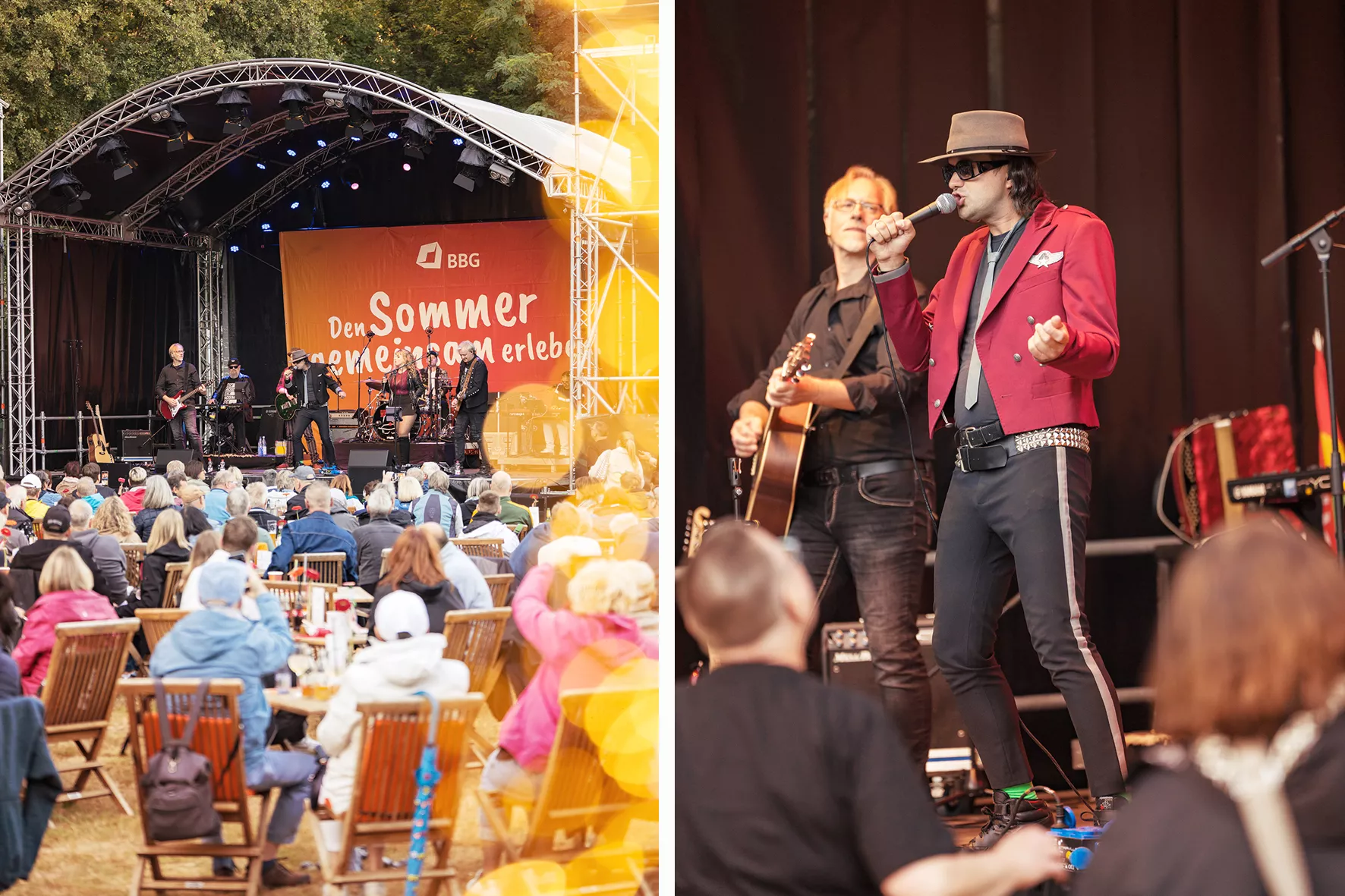 Links: Das Publikum eines Freiluftkonzerts beobachtet eine Band auf der Bühne. Rechts: Ein Sänger in einer roten Jacke singt mit den Musikern auf der Bühne.