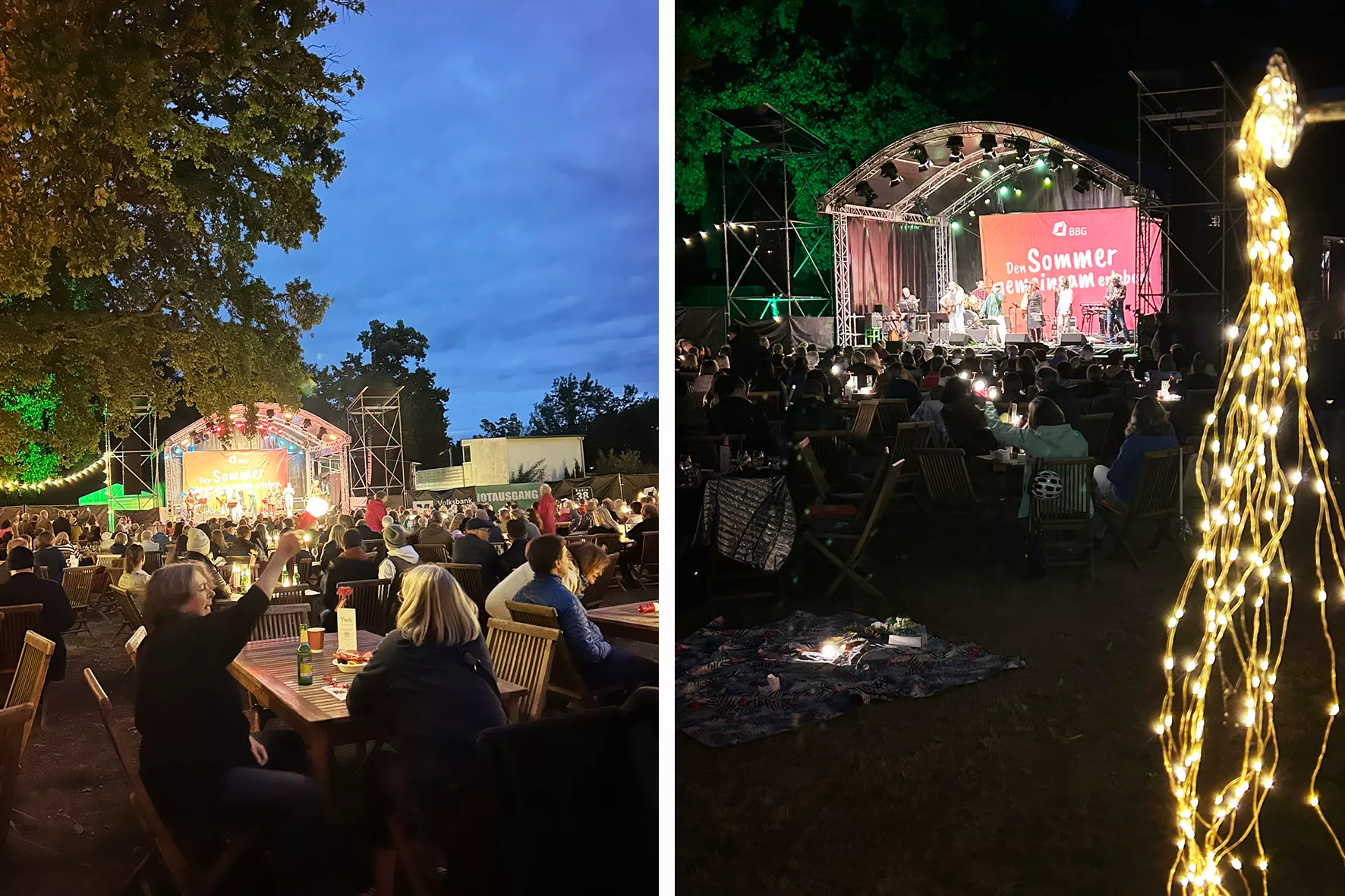 Ein Konzert im Freien mit Menschen an Tischen und auf Decken, einer beleuchteten Bühne, Lichterketten im Vordergrund und einem Abendhimmel.