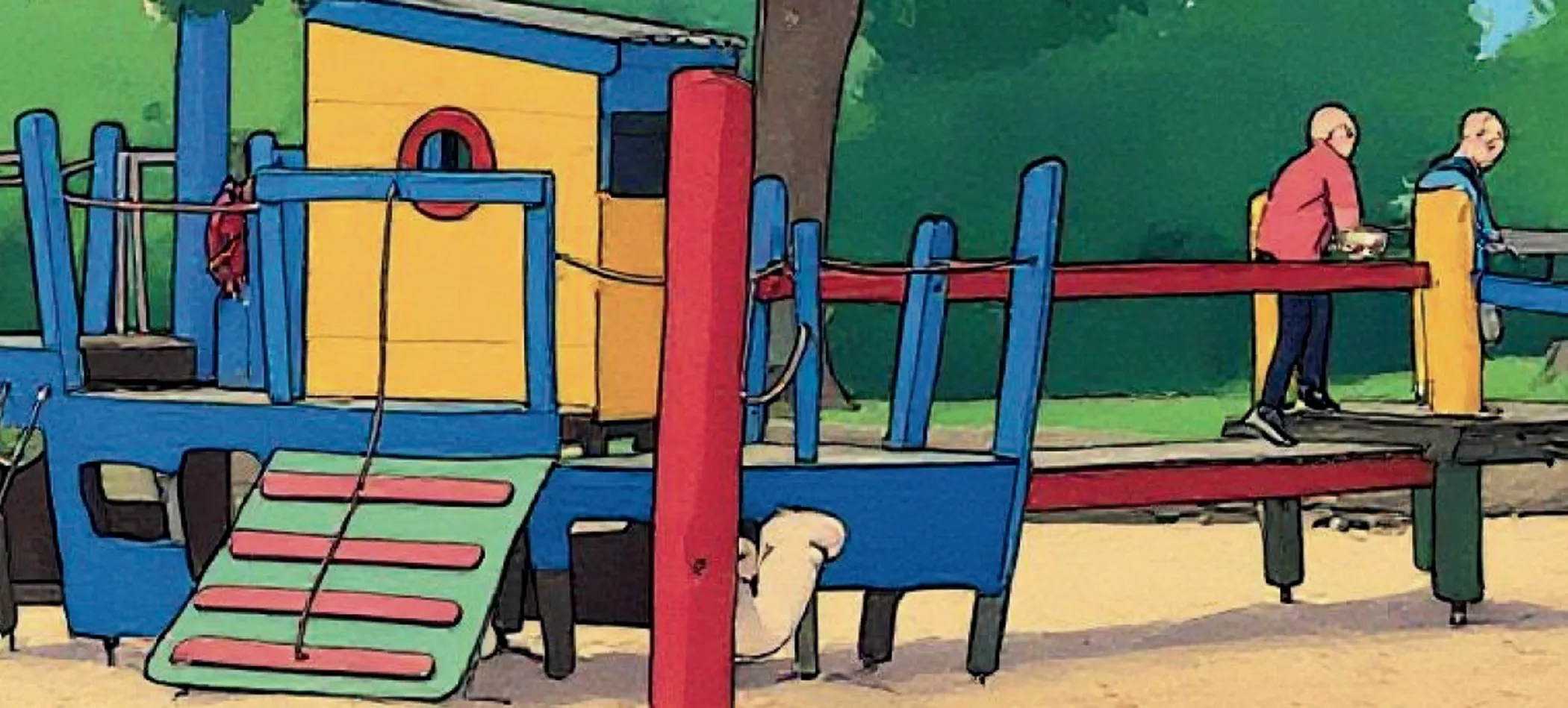 A colorful playground where two adults are walking across a bridge and a small white dog is sitting under the play structure.