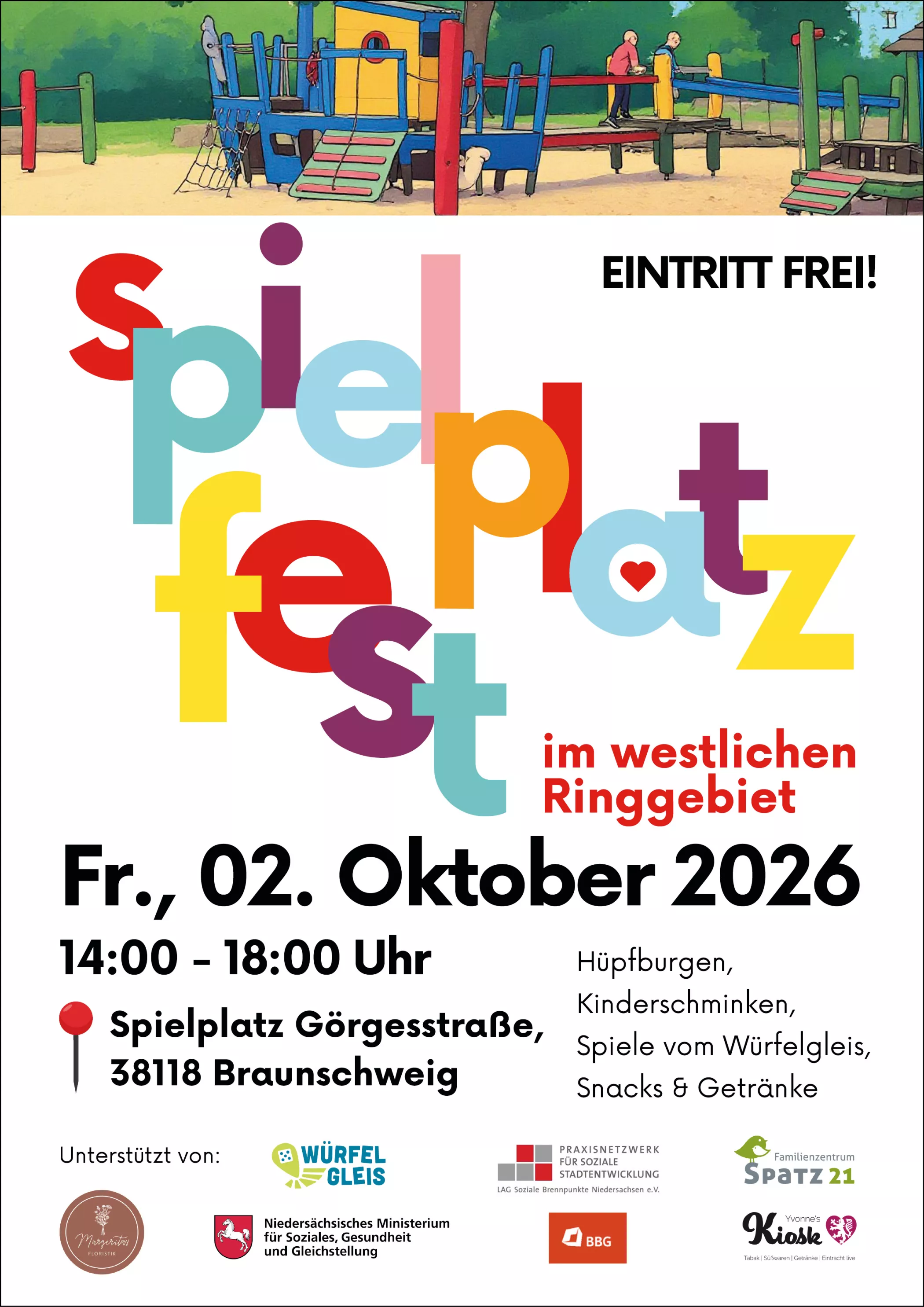 Color advertisement for a children's festival taking place on October 2, 2026, in Braunschweig, featuring games, snacks, and free admission.