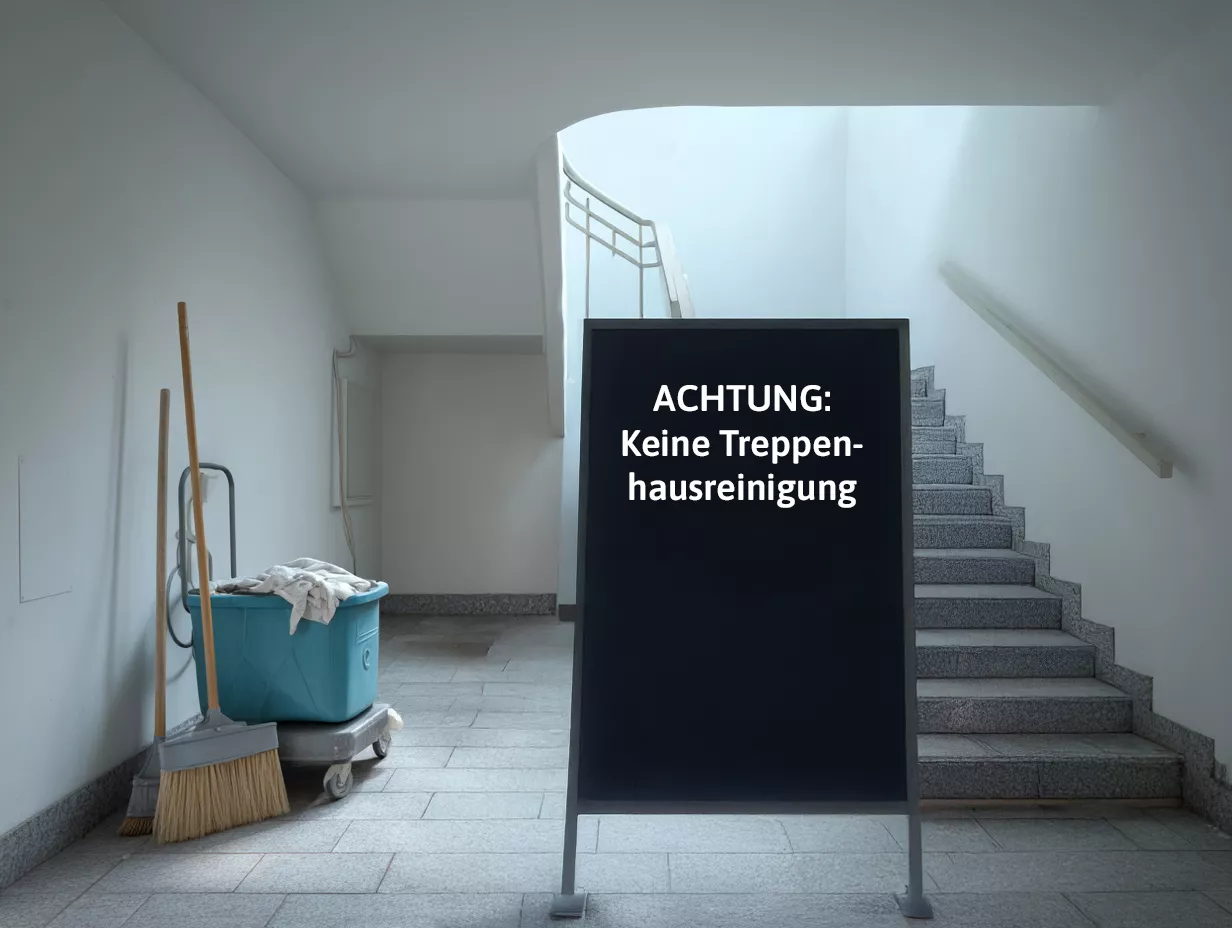 Ein Reinigungswagen und ein Besen stehen neben einem Schild mit der Aufschrift ACHTUNG: Keine Treppenhausreinigung neben der Treppe.