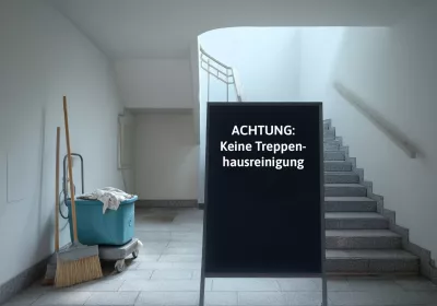Ein Reinigungswagen und ein Besen stehen neben einem Schild mit der Aufschrift ACHTUNG: Keine Treppenhausreinigung neben der Treppe.