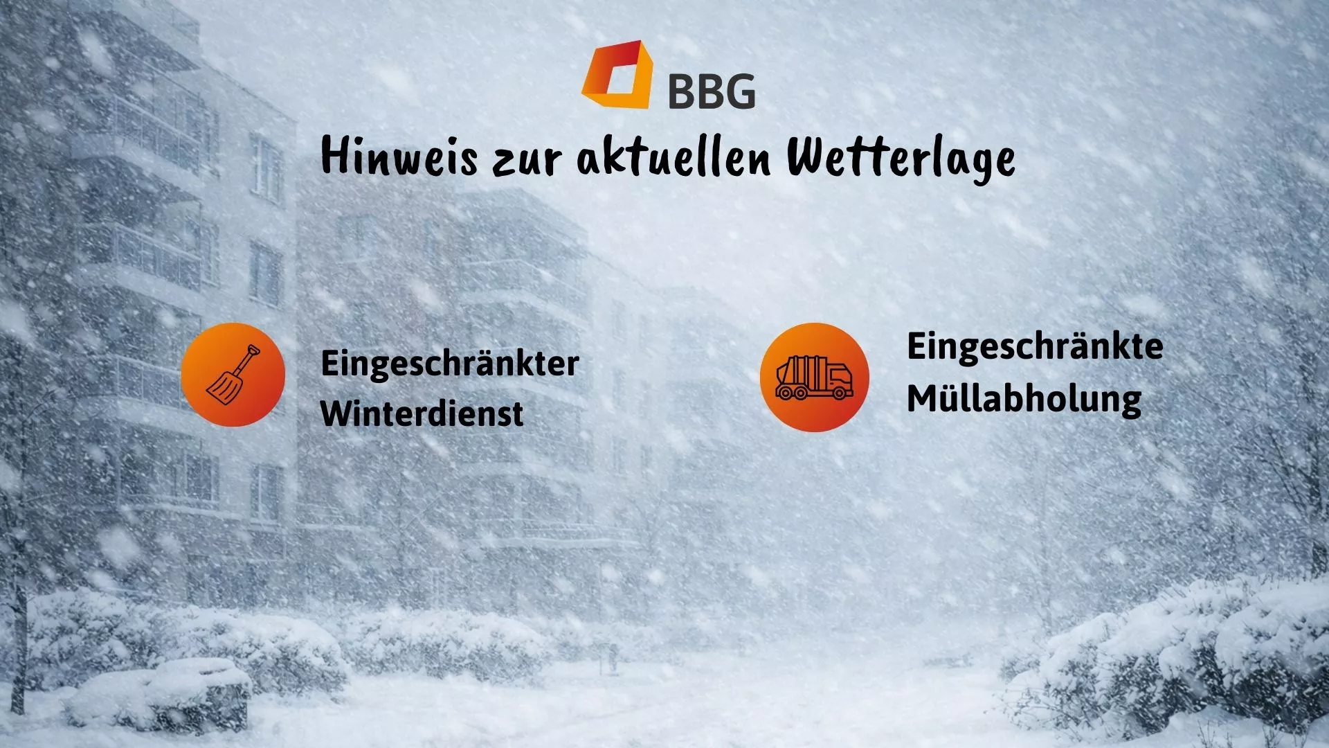 Verschneite Straße mit Text: Hinweis zur aktuellen Wetterlage, Piktogramme für eingeschränkten Winterdienst und eingeschränkte Müllabfuhr.