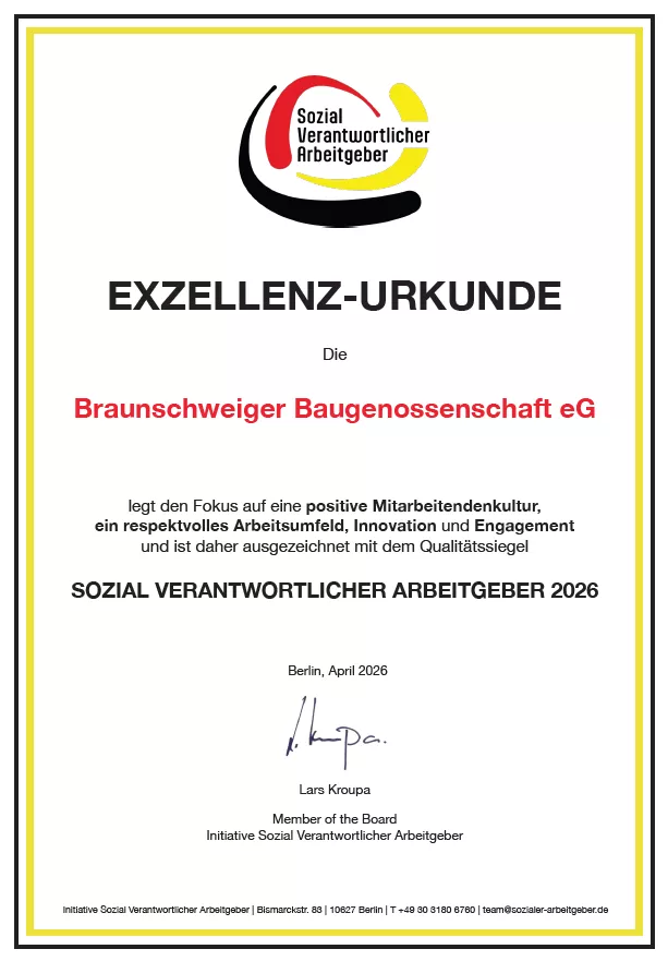 Urkunde EXZELLENZ-URKUNDE an Braunschweiger Baugenossenschaft eG für vorbildliche Mitarbeiterkultur im Jahr 2026 verliehen.