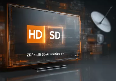 Fernsehbildschirm mit HD- und SD-Anzeige mit dem Text ZDF stellt SD-Ausstrahlung ein und einer Satellitenschüssel im Hintergrund.