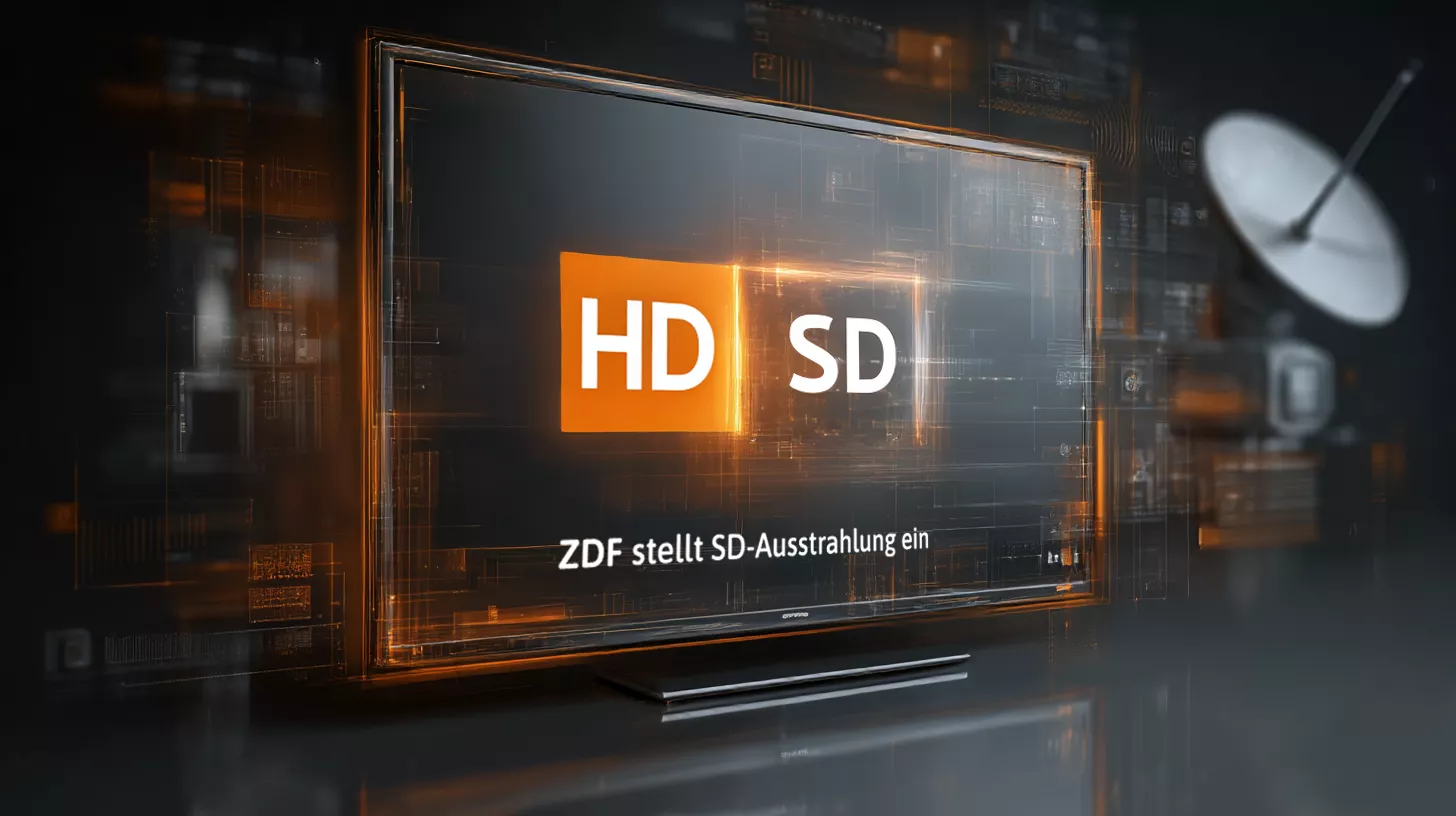 Fernsehbildschirm mit HD- und SD-Anzeige mit dem Text ZDF stellt SD-Ausstrahlung ein und einer Satellitenschüssel im Hintergrund.