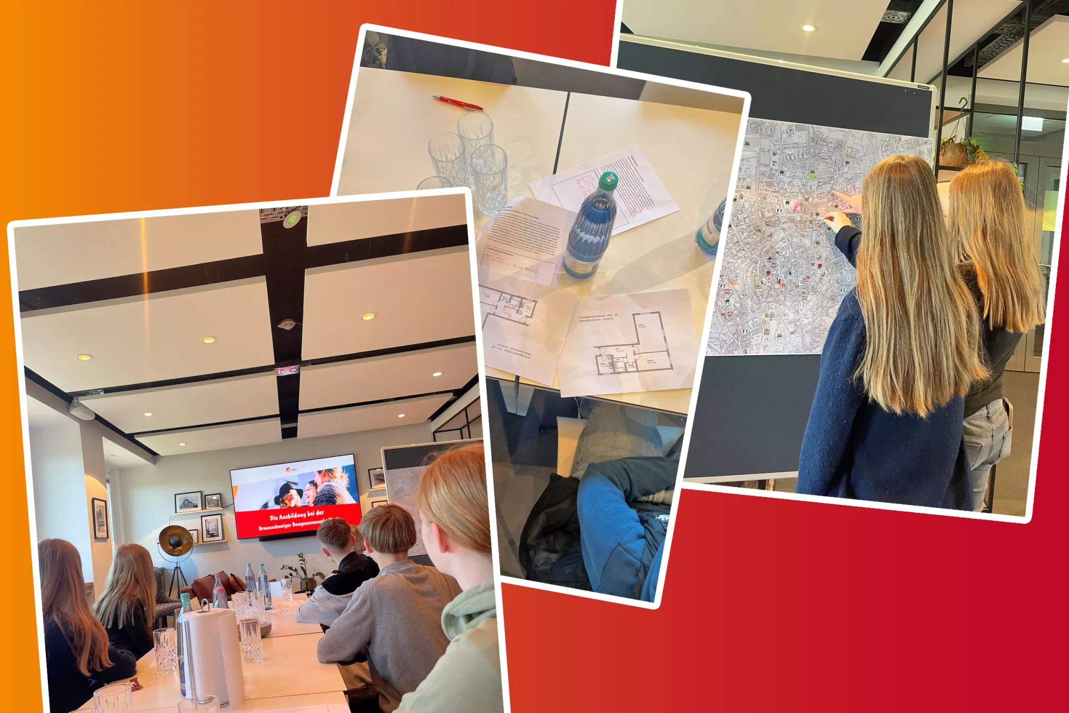 Eine Gruppe von Schülern in einem Klassenzimmer, Papiere und Wasserflaschen auf den Tischen, zwei Personen, die auf eine Karte an der Tafel zeigen.