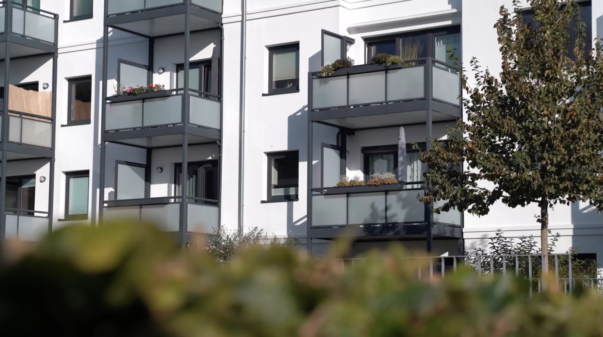A modern residential building with glass balconies, some of which are decorated with plants and flowers and some of which are concealed by the green areas at the front.