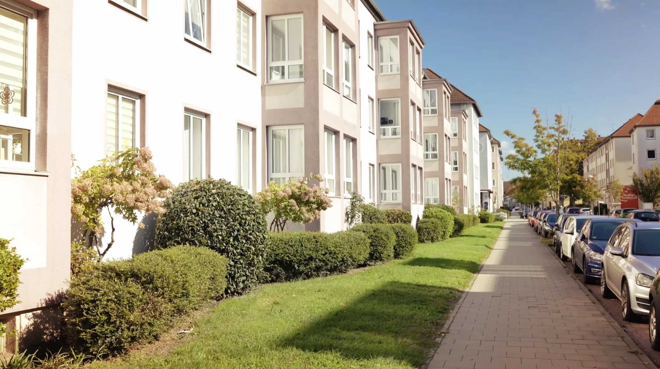 Eine Reihe moderner Wohnhäuser mit gepflegten Büschen entlang des Bürgersteigs an einem sonnigen Tag.