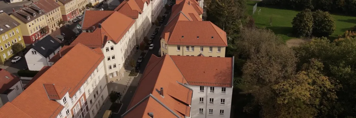 An aerial view of residential buildings with red roofs lined up along a street next to a green meadow and trees.