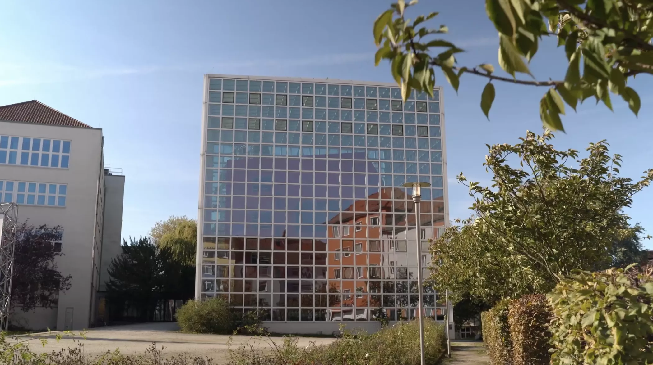 Another building and trees are reflected in the glass façade of a glass building, while greenery and blue sky can be seen in the foreground.