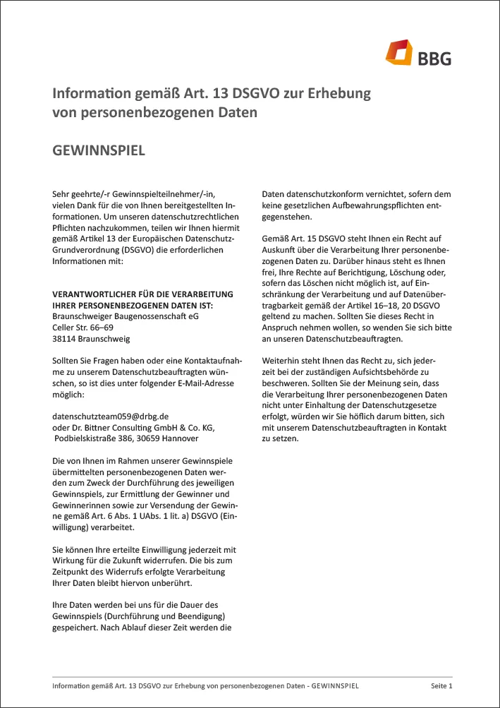 Ein Schreiben in deutscher Sprache mit Informationen über die Datenverarbeitung im Rahmen der Datenschutz-Grundverordnung, einschließlich Kontaktangaben und Datenschutzrechte für Mitglieder des Bauverbands.