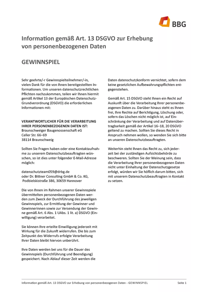 A German document from BBG with the lottery's data protection information, including contact details and explanations on the use of data.