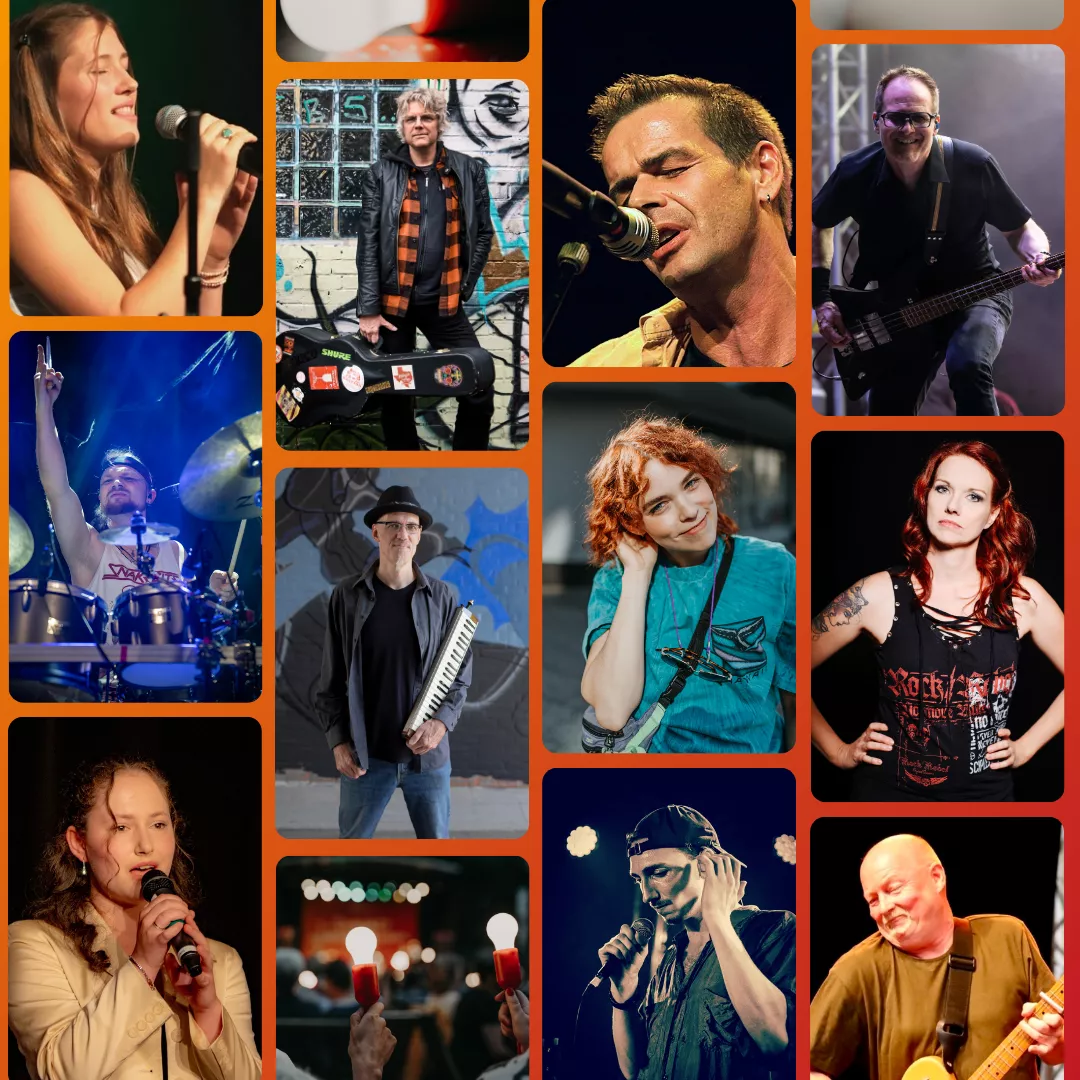 Eine Collage von Musikern, die auf der Bühne auftreten und auf der Bühne stehen, mit Sängern, Gitarristen, einem Schlagzeuger und einem Keyboarder.