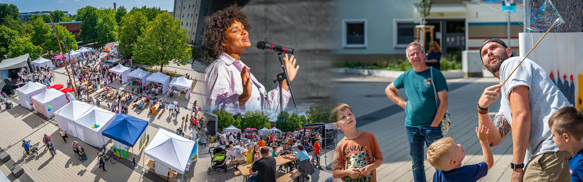 Ein Gemeindefest mit Zelten, Aufführungen, Familien und Kindern, die an einem sonnigen Tag im Freien spielen.