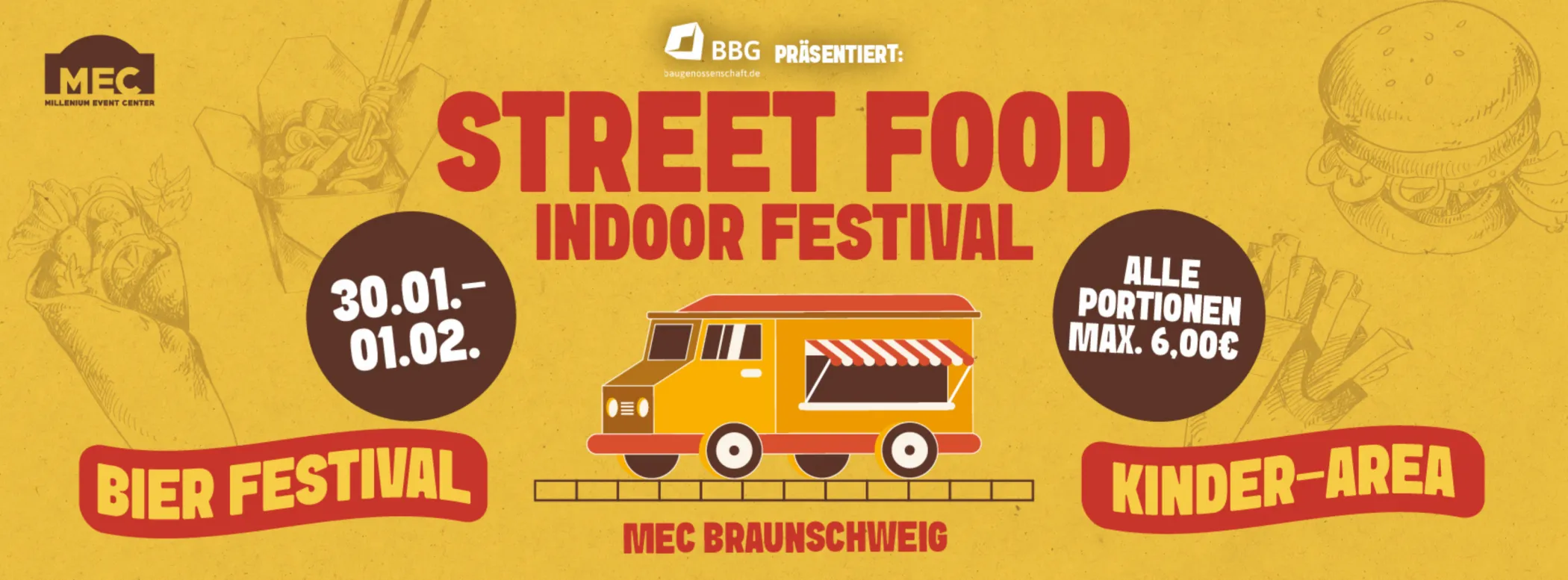 Gelber und roter Flyer für das Indoor Street Food Festival mit Food Trucks, Veranstaltungsterminen, Informationen zum Bierfest und Kinderbereich.