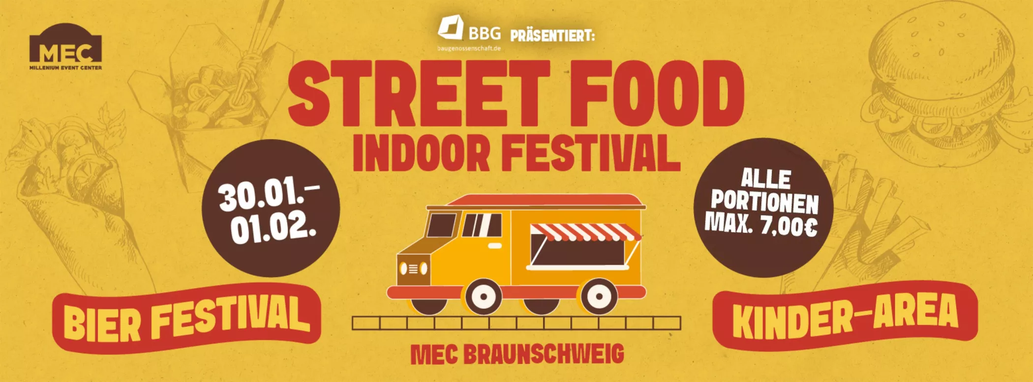 Plakat für das Indoor Street Food Festival mit Food Trucks, Festivaldaten, Bierinformationen, Kinderbereich und Aktienkursen im MEC Braunschweig.