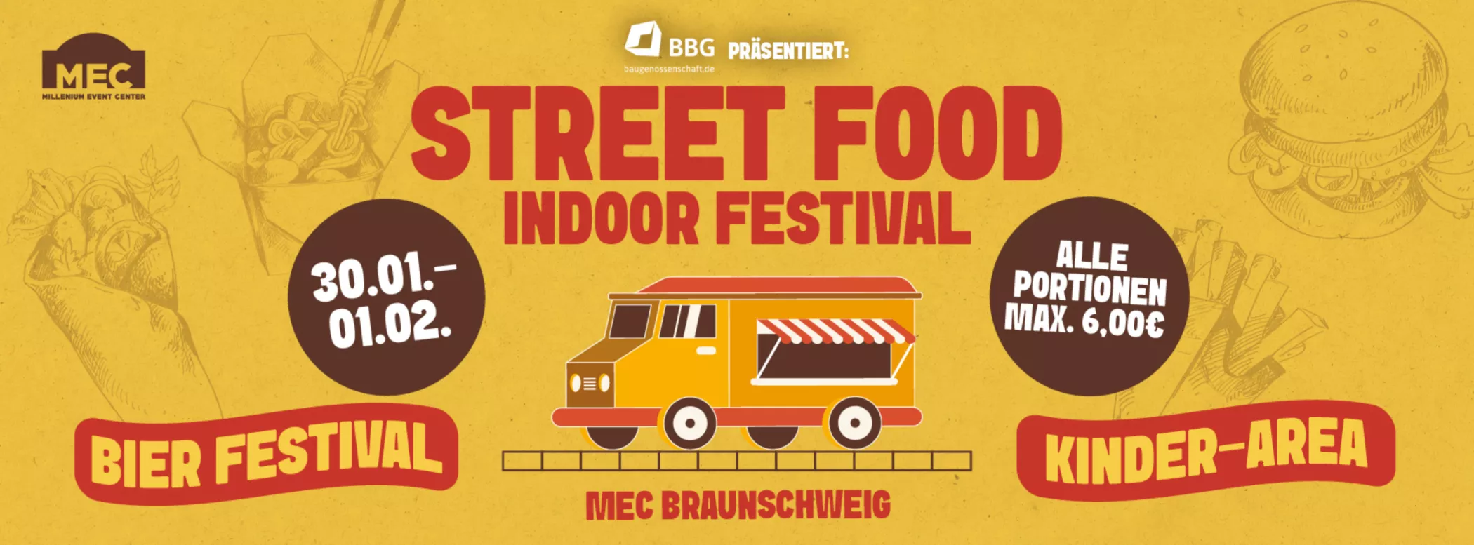 Gelber und roter Flyer für das Indoor Street Food Festival mit Food Trucks, Veranstaltungsterminen, Informationen zum Bierfest und Kinderbereich.