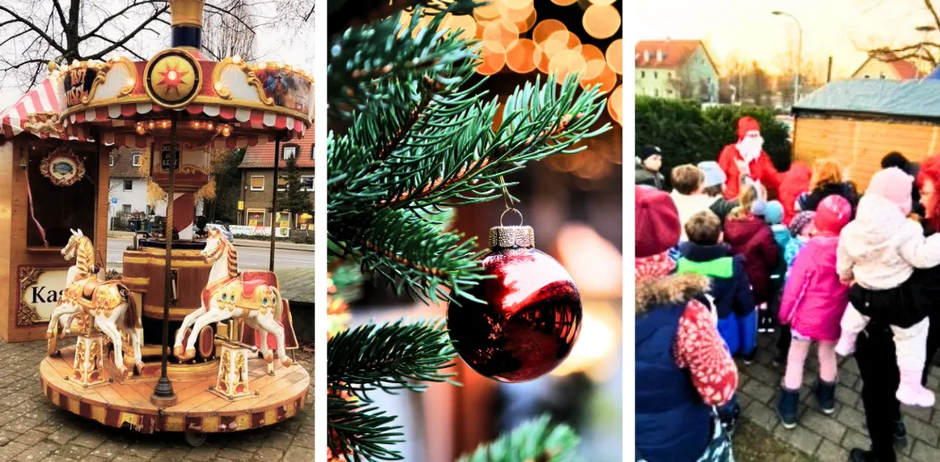 Weihnachtsschmuck an einem Baum, Kinder versammeln sich im Freien mit einer als Weihnachtsmann verkleideten Person.