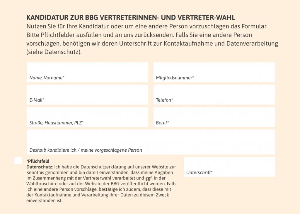 Formular zur Kandidatur für die BBG Vertreterwahl; Felder für persönliche Daten, Kontaktinfos und Unterschrift, mit Datenschutzhinweis.