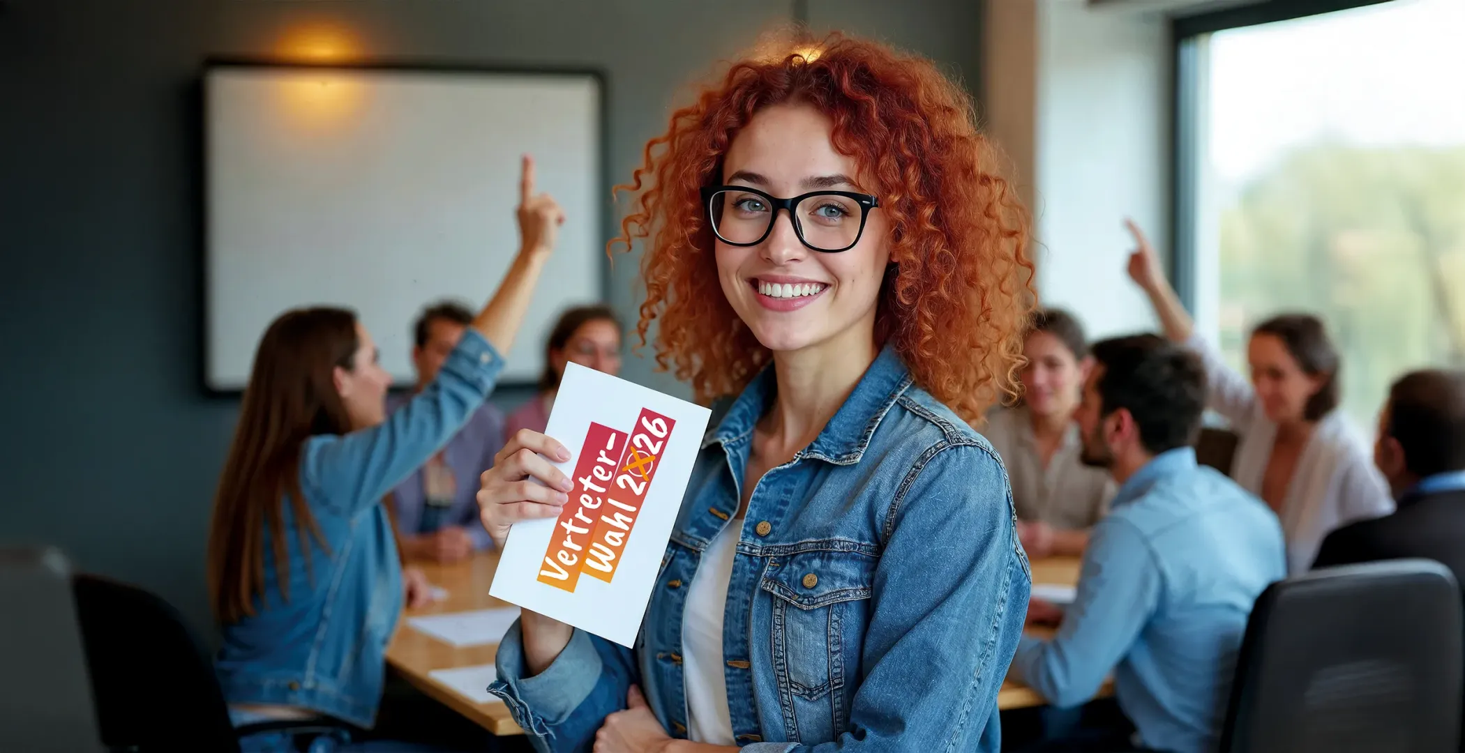 Eine lächelnde Frau mit roten Locken hält eine Karte mit der Aufschrift vernetzt local 2026 vor eine Gruppe, die sich in einem Büro trifft.