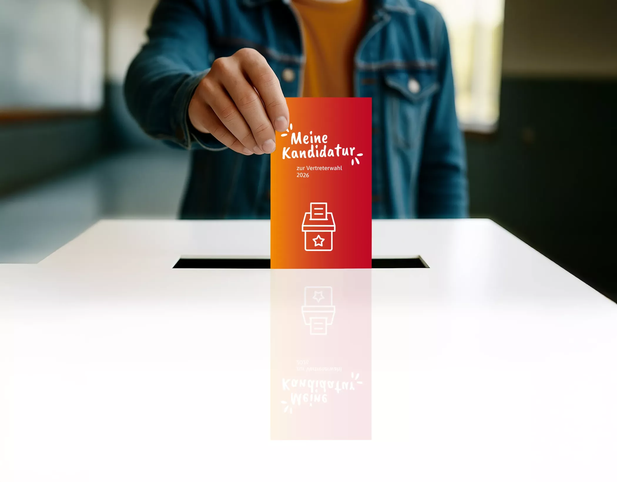 Eine Person wirft einen rot-orangenen Stimmzettel mit der Aufschrift 