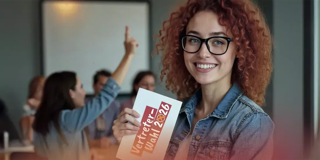 Eine lächelnde Frau mit lockigem Haar und Brille, die das Schild Vertreterwahl 2026 hält, während sich im Hintergrund Menschen unterhalten.