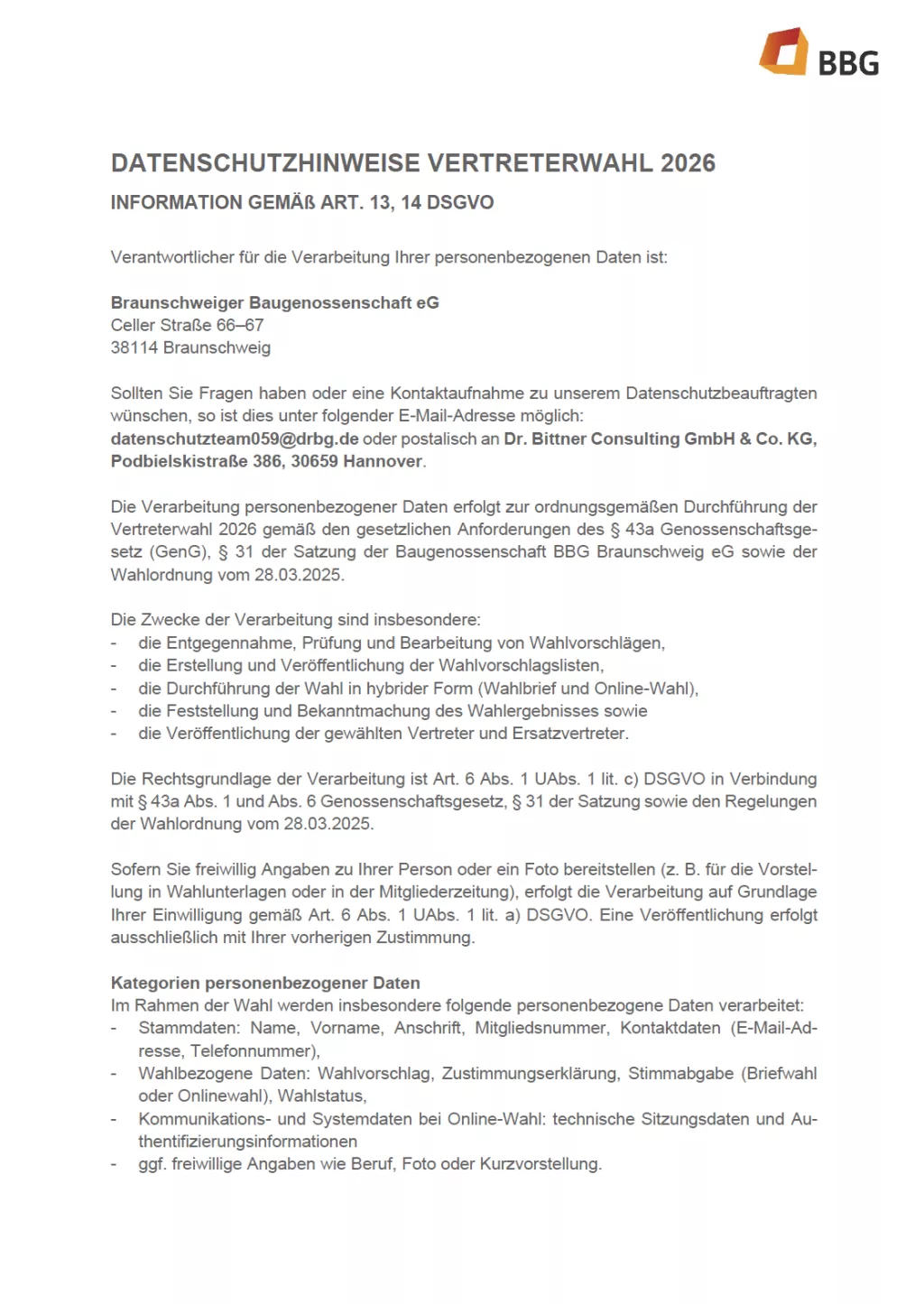 Deutsches Dokument mit Informationen zum Datenschutz für die Bundestagswahl 2026 von der Braunschweiger Baugenschaft.