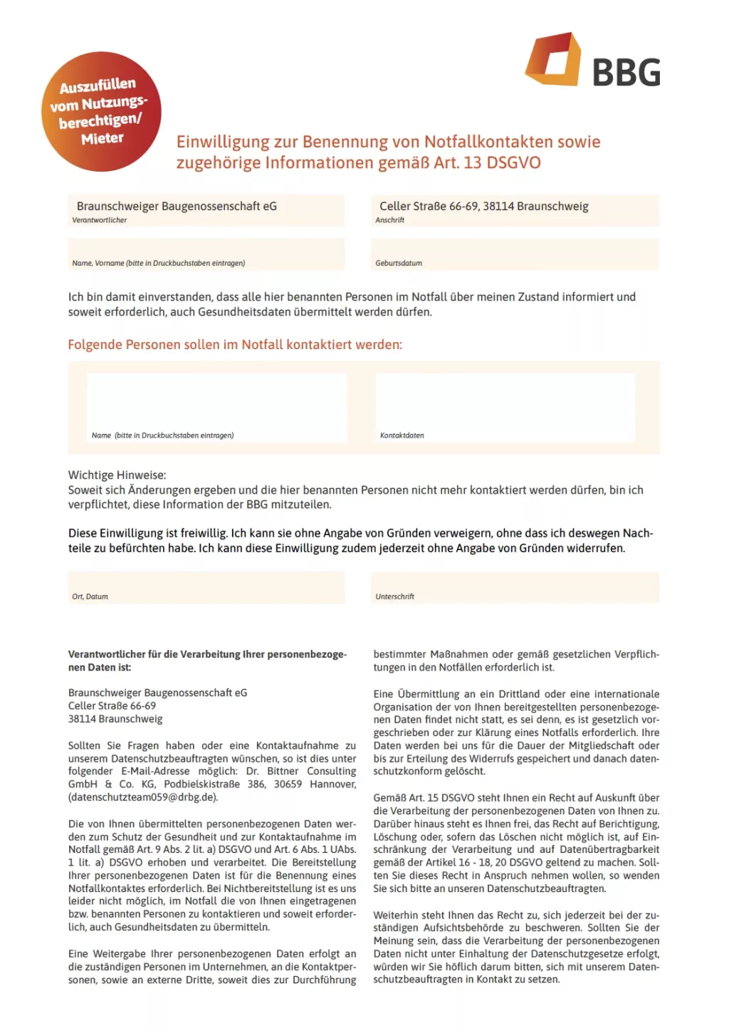 Ein deutsches Notfallformular der BBG mit Abschnitten für die Eingabe von persönlichen Daten und Kontaktdaten von Personen, um diese im Notfall zu informieren.
